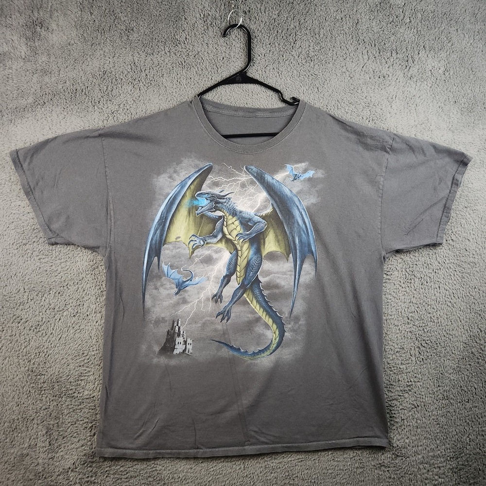 Vintage Dragon Shirt Mens 2XL Gray Blue Fantasy Castle Lightning Graphic Tee